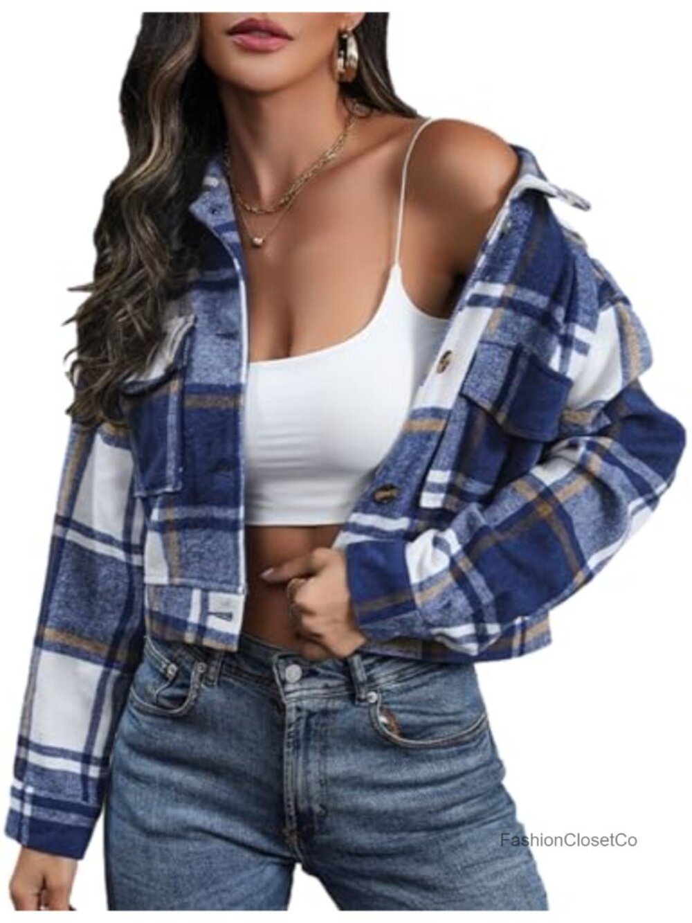 Cropped Plaid Flannel Shacket Button Up Loose Fit Casual Jacket